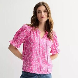 Draper James Bright Pink White Floral Puff Sleeve Top Size Small Tie Neck